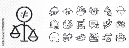 Restaurant food, Tractor and Work home line icons for web app. Glare of light effect. Message icon. Pack of Engineering plan, Fast delivery, Discrimination pictogram icons. Vector