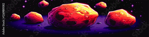 Vibrant Vector Illustration of Asteroids in Deep Space with Cosmic Starscapes | Colorful Celestial Rocks in Expansive Universe with Stardust Background