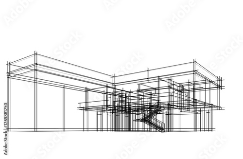 Vector Wireframe Architectural Drawing – Modern Building Sketch