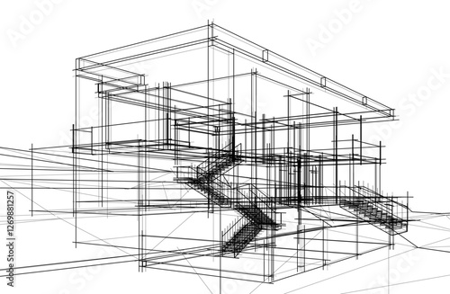 Vector Wireframe Architectural Drawing – Modern Building Sketch