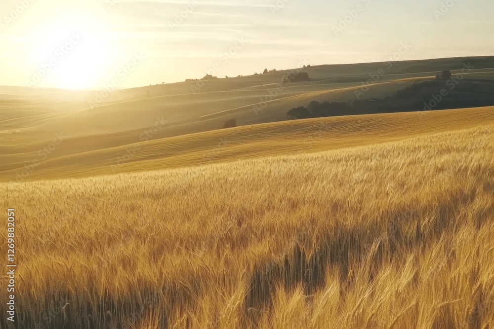 Obraz premium Golden wheat fields at sunset capturing the warmth of golden hour