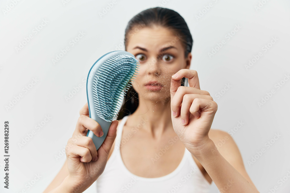 Hair loss, concern, personal care, grooming, woman inspecting hair strands, anxious expression, beauty routine, health awareness, indoor setting, light background Hair loss, concern, personal care, grooming, woman inspecting hair strands, anxious expression, beauty routine, health awareness, indoor setting, light background