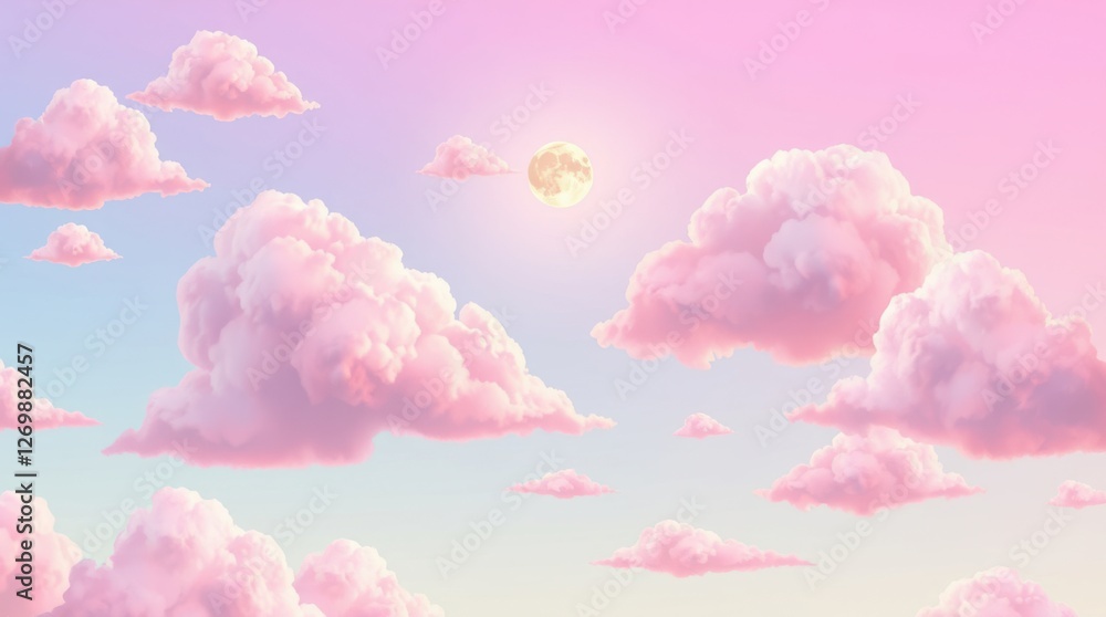 Pink clouds fill the sky, illuminated by the soft glow of the moon, creating a dreamlike fantasy scene. Pink clouds fill the sky, illuminated by the soft glow of the moon, creating a dreamlike fantasy scene.