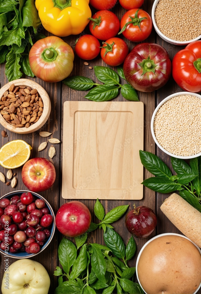 Flat lay of healthy food, including fruits, vegetables, and whole grains, on a wooden table Flat lay of healthy food, including fruits, vegetables, and whole grains, on a wooden table