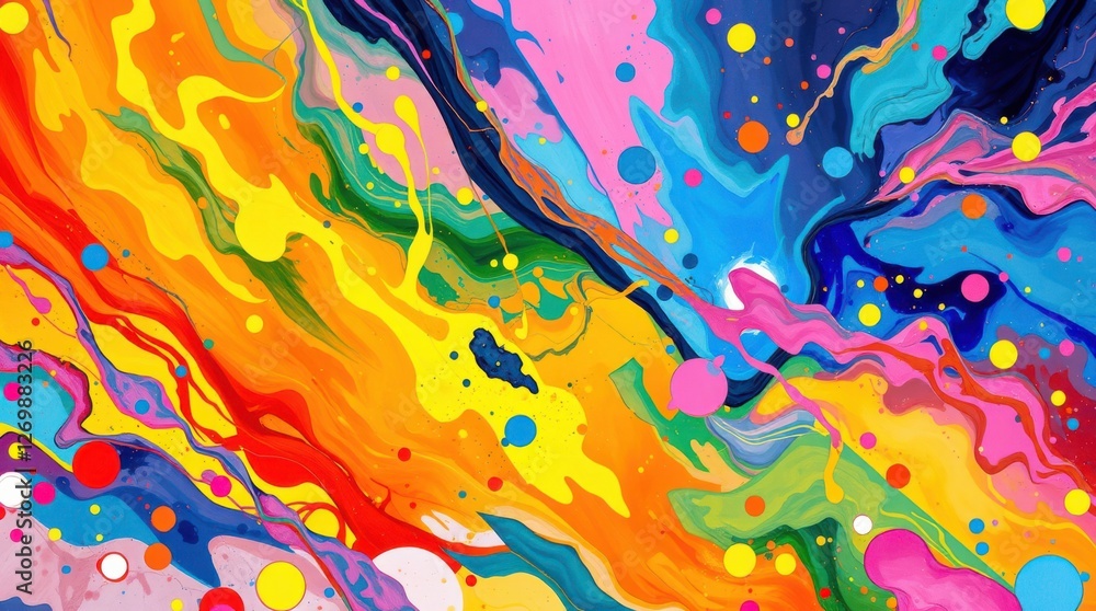 Fototapeta premium Vibrant paint splatter with playful circular accents. Dynamic, colorful abstract art in motion.