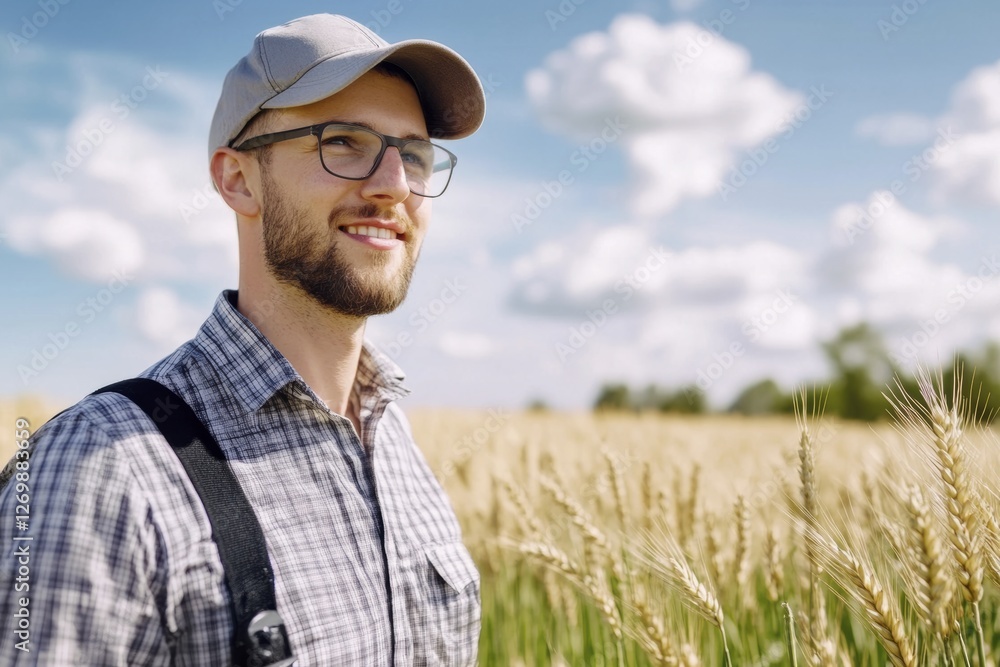 Young farmer in wheat field: confidence and sustainability in modern agriculture Young farmer in wheat field: confidence and sustainability in modern agriculture