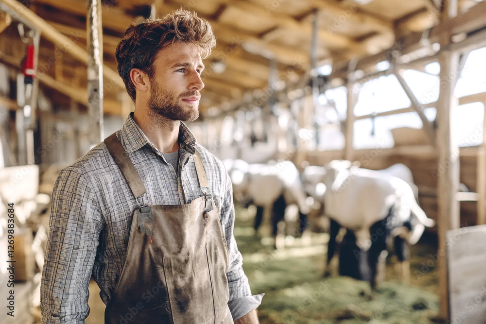 Young farmer in barn observing dairy cows on a sunny day Young farmer in barn observing dairy cows on a sunny day