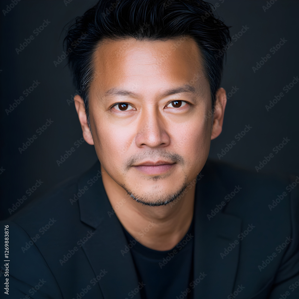 Obraz premium Confident Professional Portrait of a Man in Black Suit Against a Dark Background, Sharp Features, Engaging Expression, Modern Photography, Asian Descent, Personal Branding, Stylish Elegance, High