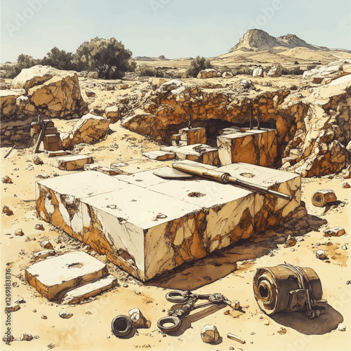 Ancient Stone Quarry Illustration: Exploring Historical Stone Extraction Techniques and Tools in Desert Landscape with Rocky Terrain and Mountain Backdrop