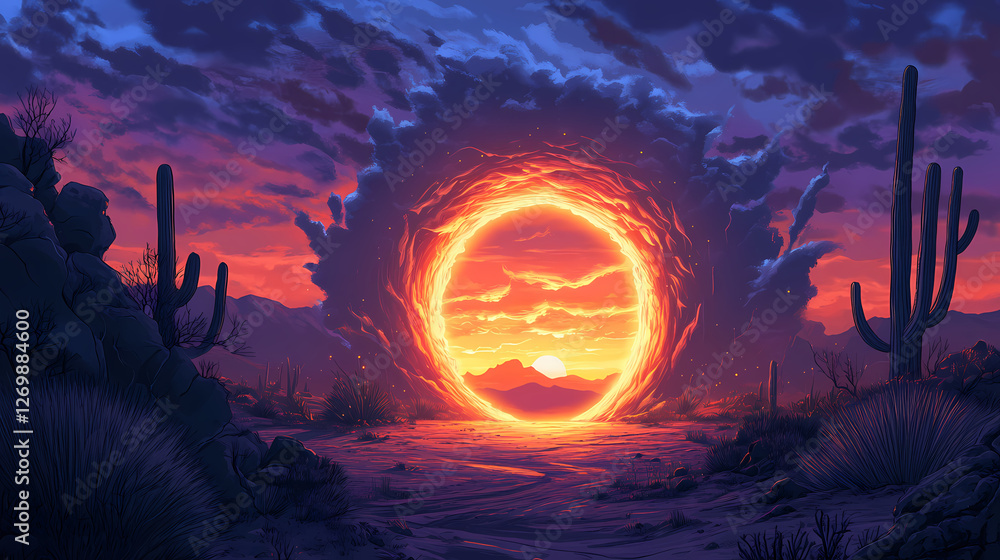 Futuristic illuminated portal in a desert landscape with saguaro cacti under a twilight sky. twilight. illustration. Eldritch Sky Portals. Illustration Futuristic illuminated portal in a desert landscape with saguaro cacti under a twilight sky. twilight. illustration. Eldritch Sky Portals. Illustration