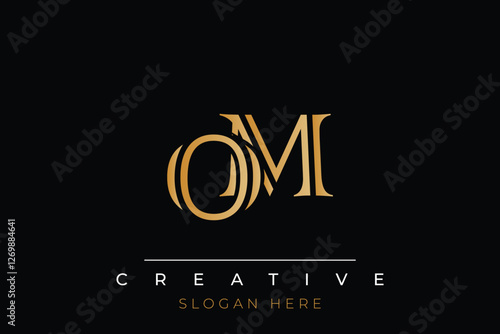 Sophisticated gold OM monogram logo on a sleek black background, ideal for branding, creative design, and luxurious themes.