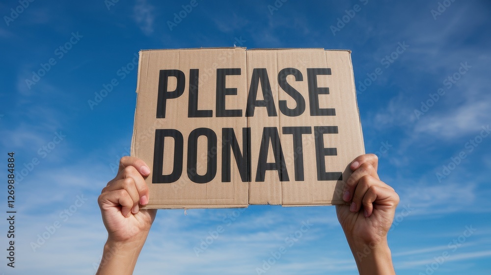 Hands holding a cardboard sign asking for donations please Hands holding a cardboard sign asking for donations please