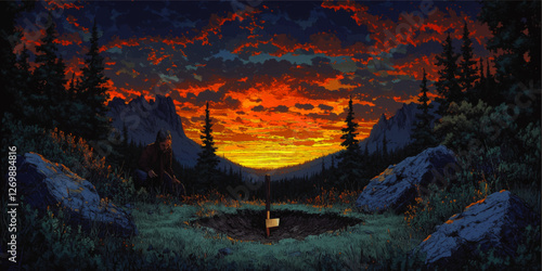 Vivid Sunset Mountain Landscape with Mysterious Shovel in Forested Clearing - Explore the Hidden Meanings in Serene Outdoor Adventure Art Illustration