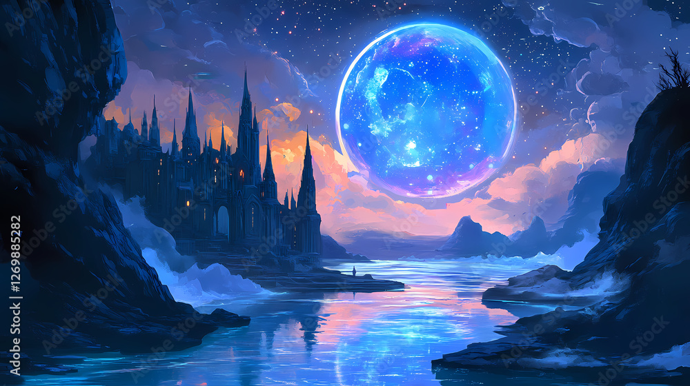 Magical portal opens to a fantastical world with a mystical castle and serene waters under a starry sky. Eldritch Sky Portals. Illustration Magical portal opens to a fantastical world with a mystical castle and serene waters under a starry sky. Eldritch Sky Portals. Illustration
