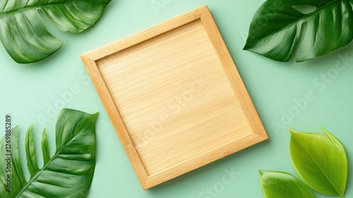 Wooden Frame Surrounded by Lush Green Monstera Leaves