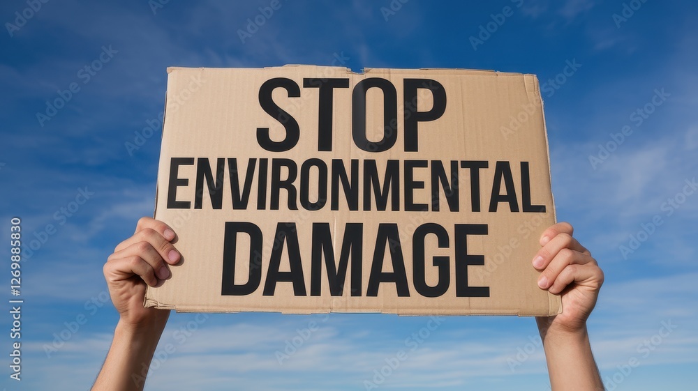 Hands are holding a sign reading stop environmental damage Hands are holding a sign reading stop environmental damage