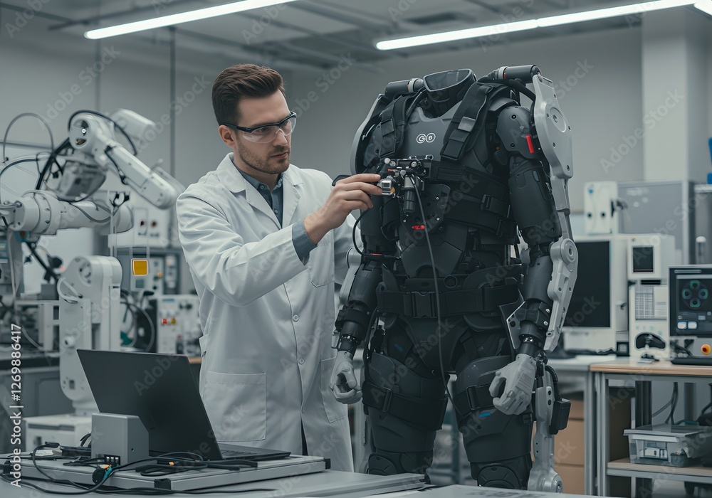 Scientist developing advanced exoskeleton suit in high-tech laboratory. Man in white coat working on robotic armor for military or medical applications Scientist developing advanced exoskeleton suit in high-tech laboratory. Man in white coat working on robotic armor for military or medical applications