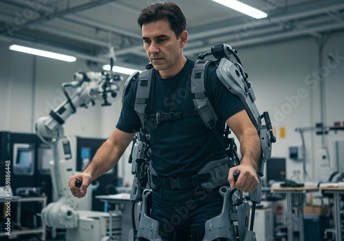Man wearing industrial exoskeleton suit in high-tech laboratory. Robotic assistive technology for enhanced strength and mobility in manufacturing and healthcare