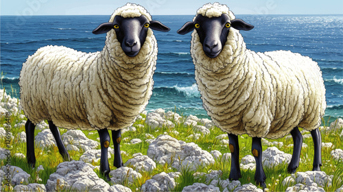 Vector Illustration of Two Sheep Grazing by Ocean Coastline with Blue Waves in Background, Rocky Grassland Scenery Wildlife and Nature Theme