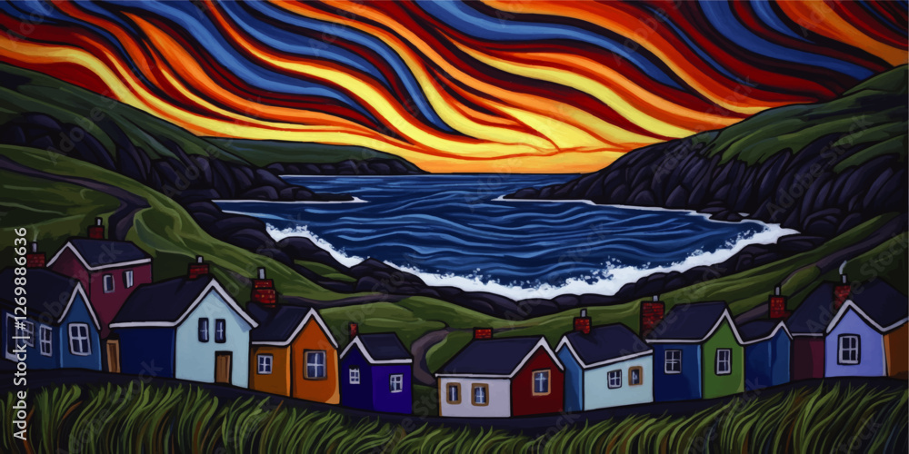 Naklejka premium Vibrant Seaside Town at Dusk with Colorful Houses, Dramatic Sunset, Rolling Hills, and Serene Ocean Waves in Artistic Vector Landscape Illustration