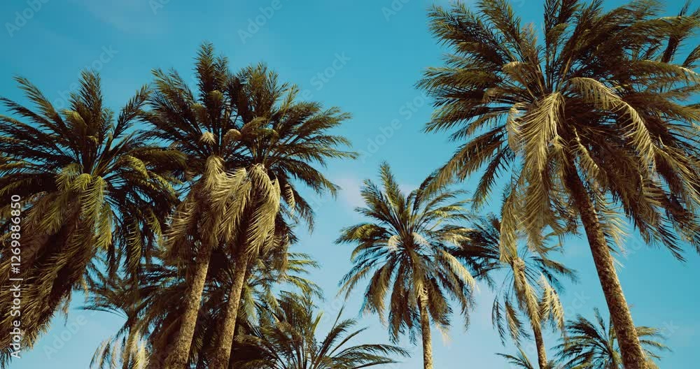 Tall palm trees stretch towards the vibrant blue sky, creating a relaxing atmosphere on a warm day. The scene captures the essence of a sunny tropical paradise. Tall palm trees stretch towards the vibrant blue sky, creating a relaxing atmosphere on a warm day. The scene captures the essence of a sunny tropical paradise.