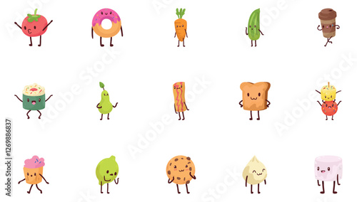 Set of kawaii style fruit vector icons on white background