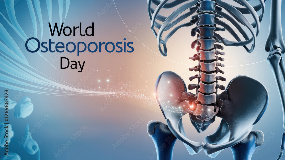 Fototapeta premium World Osteoporosis Day photo dedicated to bone health and prevention. The centerpiece is a realistic human skeleton with an emphasis on the spine and hips.