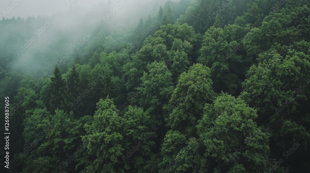 Lush green forest with mist hovering above, showcasing nature's tranquility and diversity Lush green forest with mist hovering above, showcasing nature's tranquility and diversity