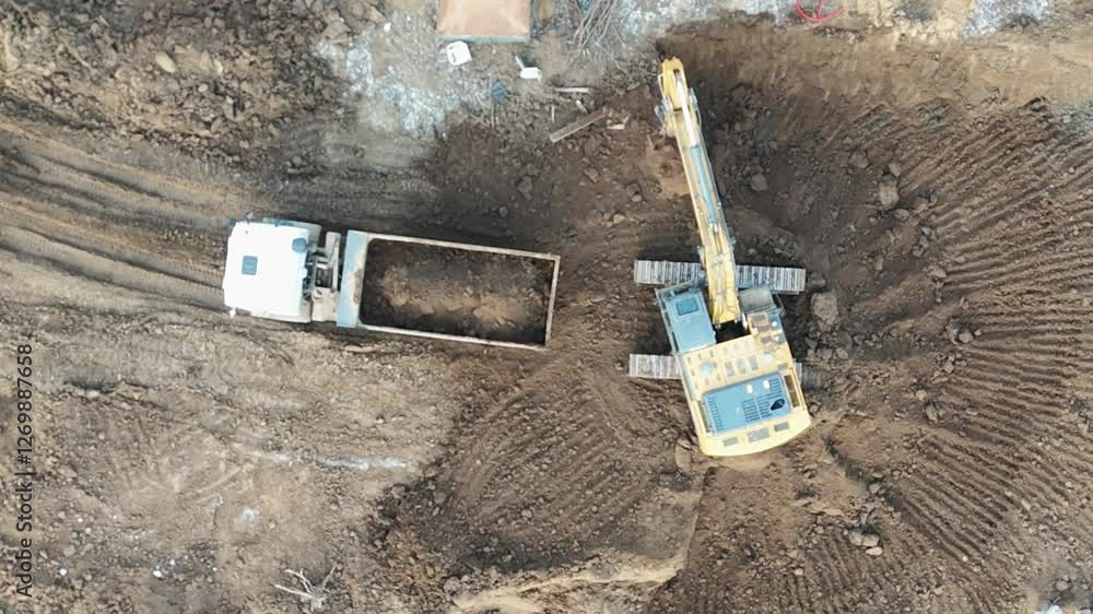 Large construction site with a dump truck and a large excavator. The excavator is digging into the dirt and the dump truck is nearby. The scene is busy and active, with lots of machinery and dirt