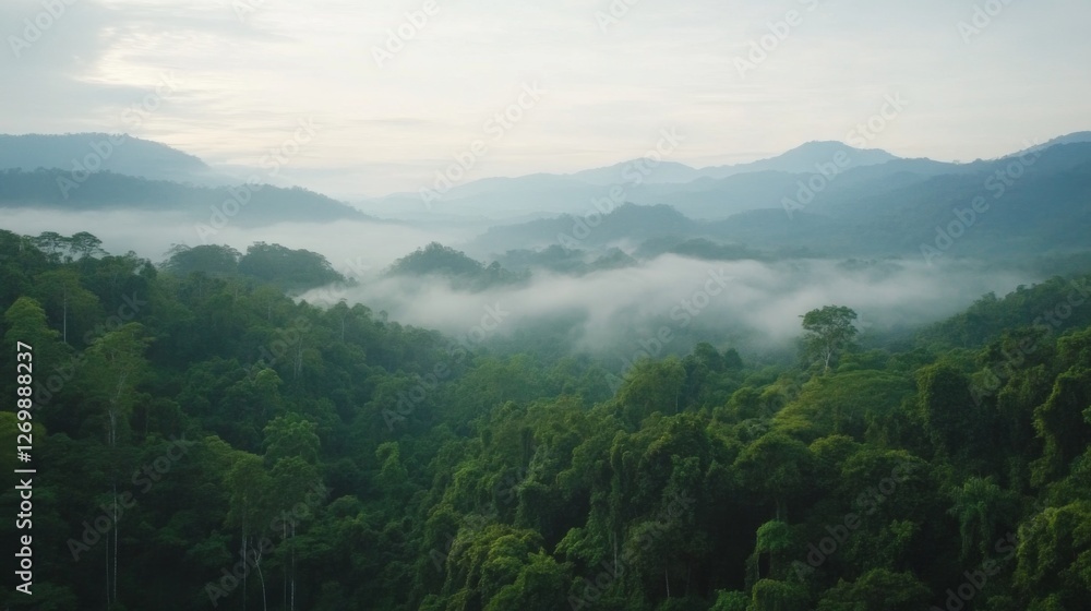 Lush Green Jungle Landscape with Misty Mountains in the Background at Dawn Lush Green Jungle Landscape with Misty Mountains in the Background at Dawn
