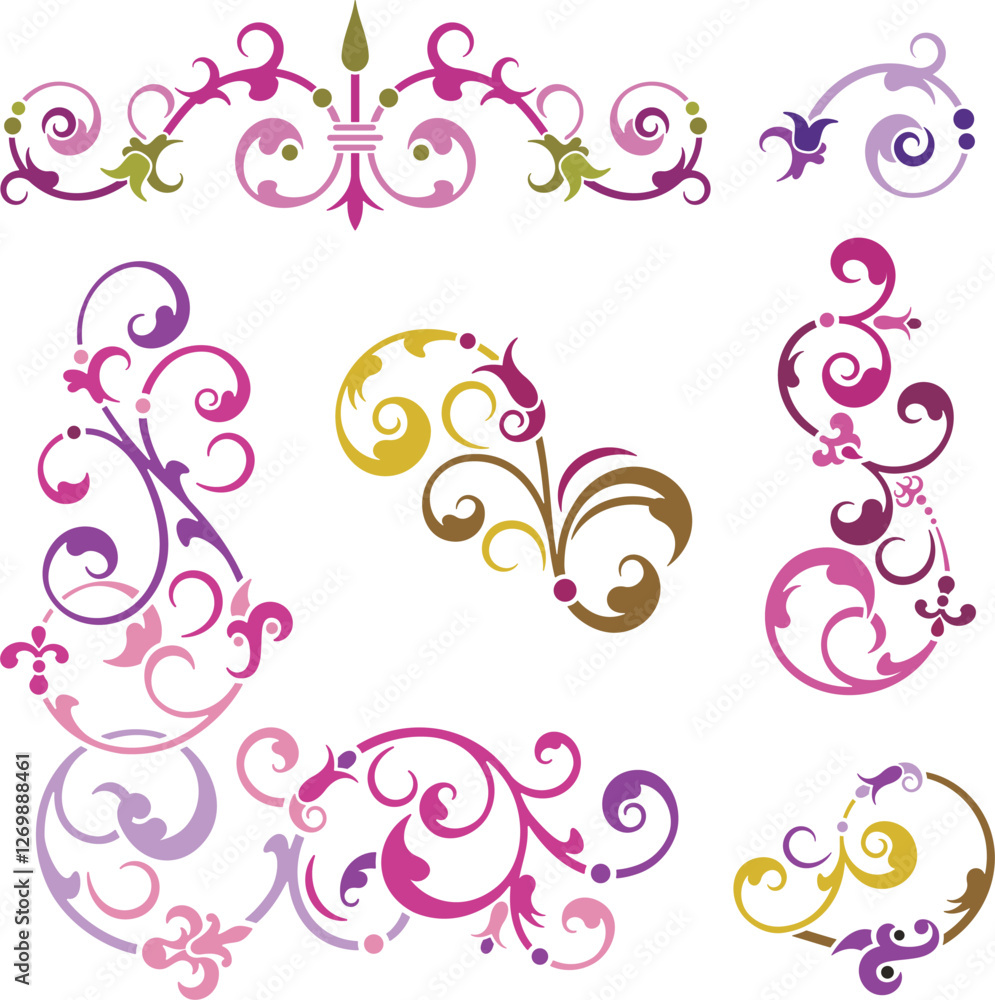 Floral ornamental arabesque designs vector set in traditional Oriental style. Colorful luxury vintage page decorations. Ready to cut graphics for backgrounds, invitations, greeting cards, wallpapers.