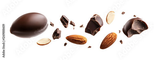 almond blast with chocolate fly,chocolate ball flavour almond,almond broken piece on white isolated