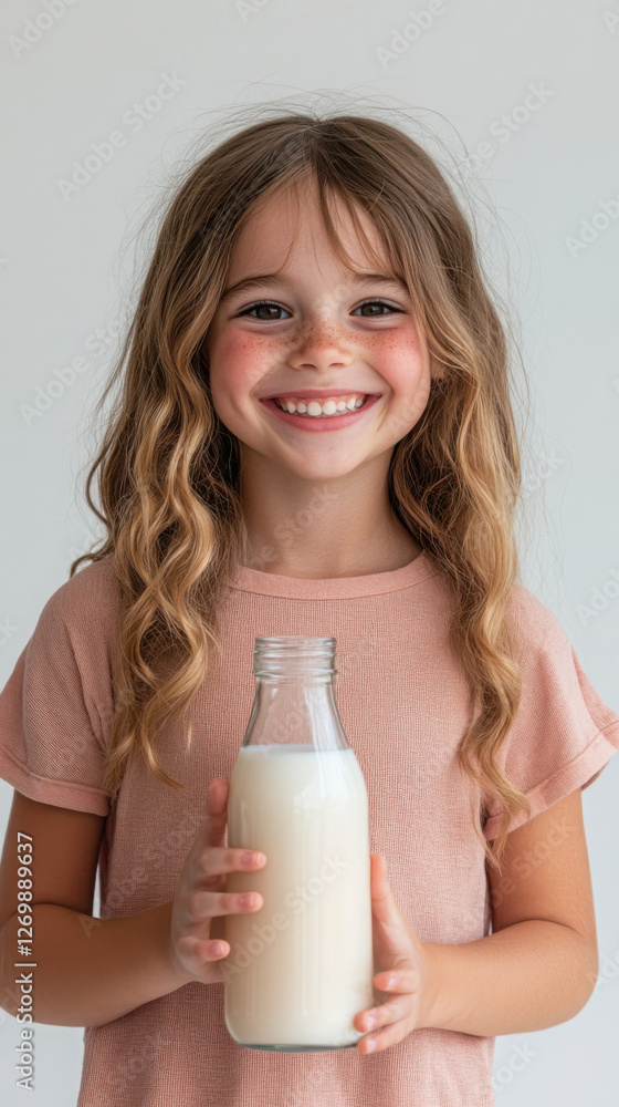 Joyful young girl holding a glass bottle of milk for healthy living inspiration Joyful young girl holding a glass bottle of milk for healthy living inspiration