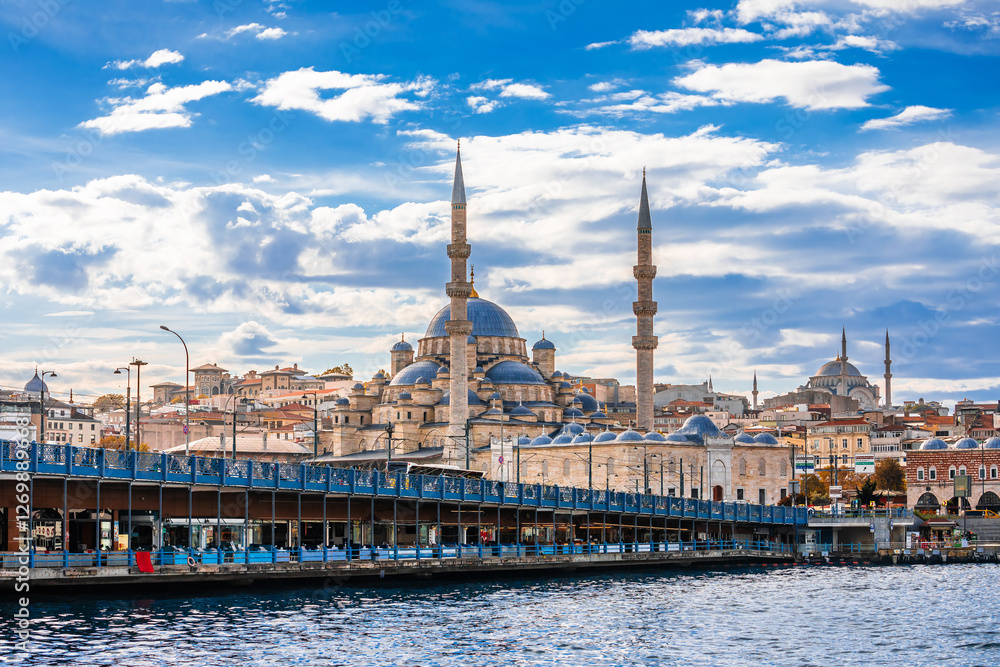 Galata Bridge and Yeni Mosque scenic view in Istanbul