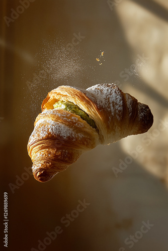 Croissant with powdered sugar on top and pistachio cream filling is flying through the air. Concept of lightness and playfulness, as if the croissant is defying gravity.
