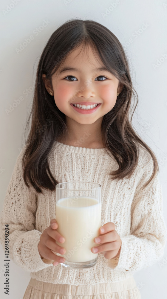 Smiling young girl holding glass of milk against white background for nutrition and wellness concepts Smiling young girl holding glass of milk against white background for nutrition and wellness concepts
