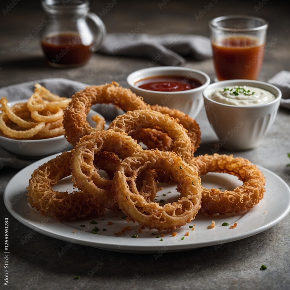 Crunchy Onion Rings with Tomato Sauce A close-up shot of crispy, golden onion rings stacked on a plate, accompanied by small bowls of dipping sauces, set in a warm, ambient dining setting.
Crunchy Onion Rings with Tomato Sauce A close-up shot of crispy, golden onion rings stacked on a plate, accompanied by small bowls of dipping sauces, set in a warm, ambient dining setting.
