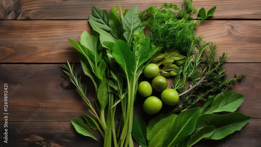 Fresh Springtime Leaves and Foliage on Wooden Table Background Fresh Springtime Leaves and Foliage on Wooden Table Background