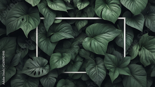 Wallpaper Mural Natural green plant pattern background with white square frame post. Dark nature layout design top view. Moody photo filter. Torontodigital.ca
