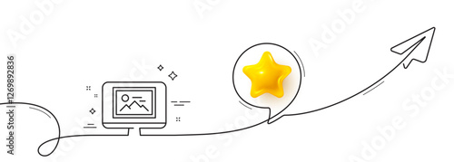 Photo thumbnail line icon. Continuous line with share plane. Monitor with Image sign. Picture placeholder symbol. 3d star in speech bubble. Photo thumbnail single line ribbon. Vector