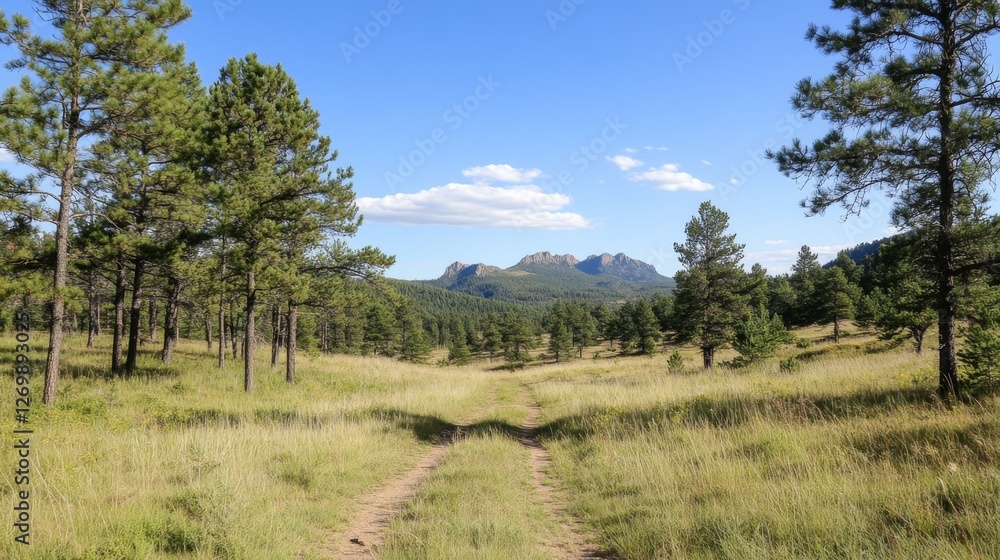 Scenic view of a dirt path leading through a lush forest towards distant mountains under a clear sky Scenic view of a dirt path leading through a lush forest towards distant mountains under a clear sky