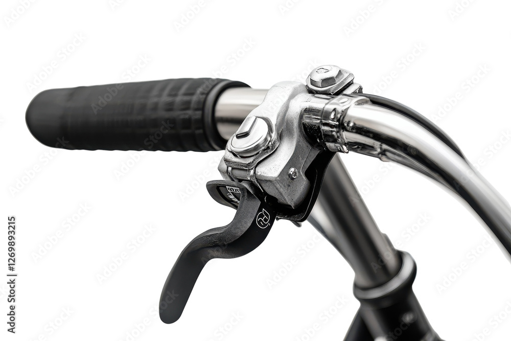 A close-up view of a bicycle brake lever showcasing sleek design and craftsmanship isolated on transparent background A close-up view of a bicycle brake lever showcasing sleek design and craftsmanship isolated on transparent background