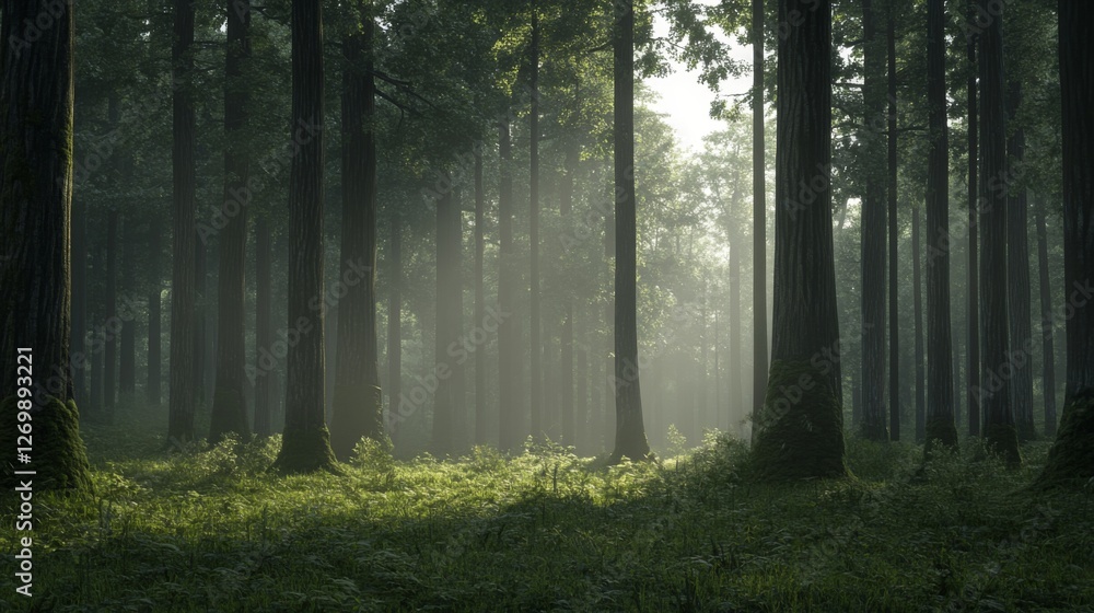 Fototapeta premium Serene forest landscape with towering trees, soft light filtering through foliage, and lush undergrowth