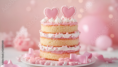 Elegant pink cake with heart decorations perfect for romantic celebrations photo