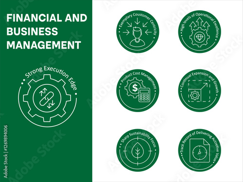 Vector icon for financial and business management. Includes gear with dollar sign, growth graph, time tracking, and efficiency improvement symbols.