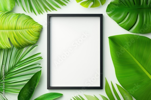Blank Frame Surrounded by Lush Green Tropical Leaves