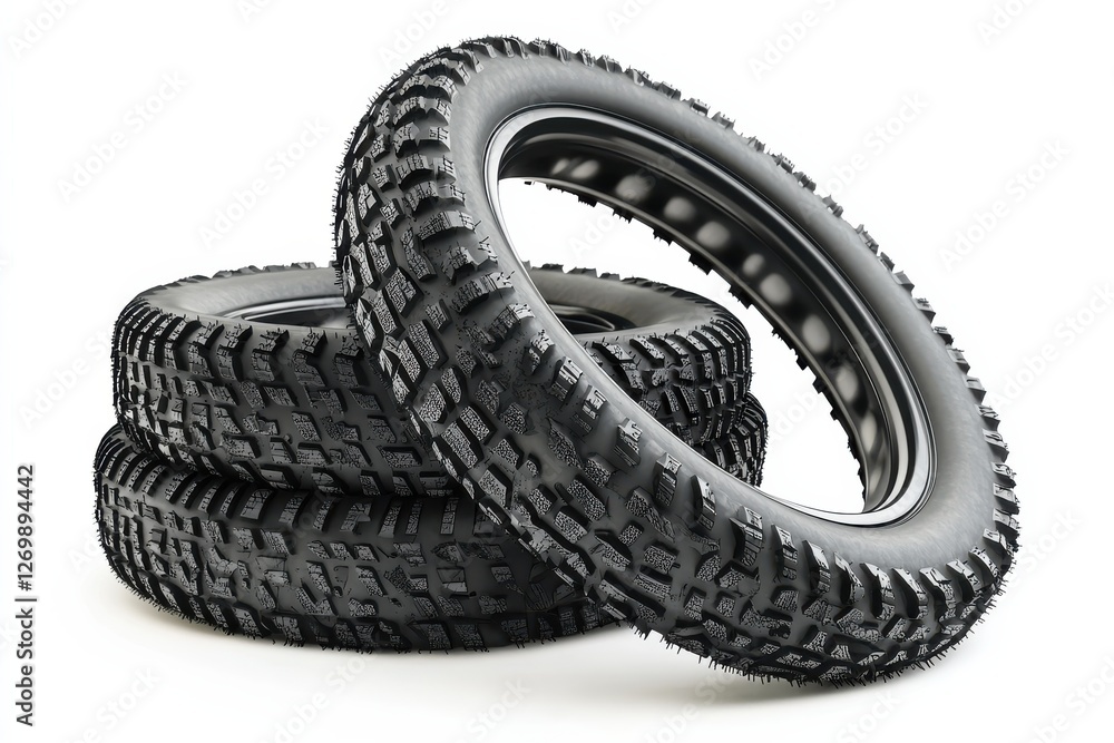 Three robust motorcycle tires stacked artistically for a striking display on a pristine background isolated on transparent background
