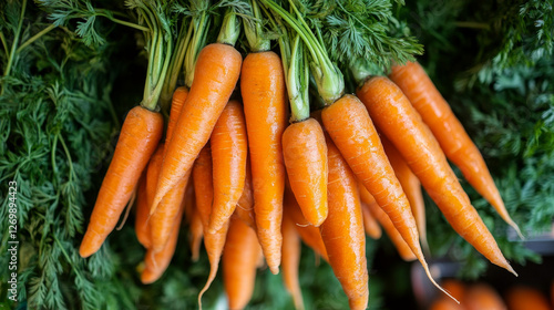 A neatly bundled group of fresh carrots with their leafy green tops intact photo