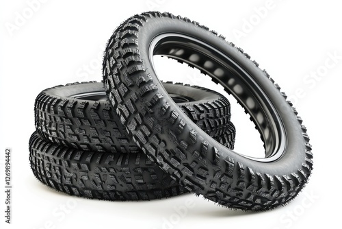 Obraz na płótnie Three robust motorcycle tires stacked artistically for a striking display on a pristine background isolated on transparent background w salonie