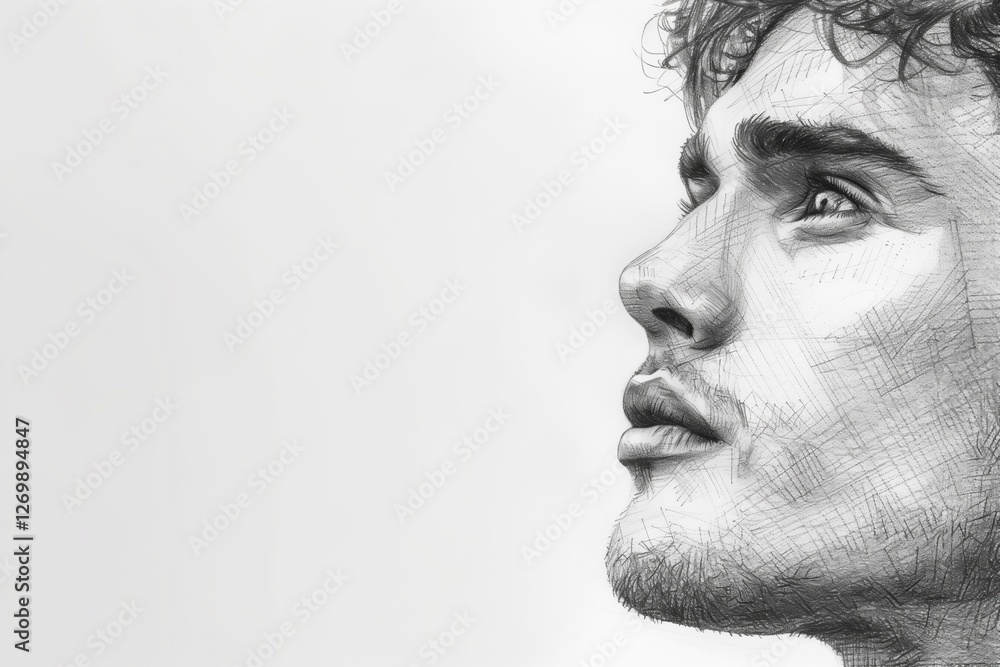 A detailed sketch of a young man gazing upwards with thoughtful expression. A detailed sketch of a young man gazing upwards with thoughtful expression.